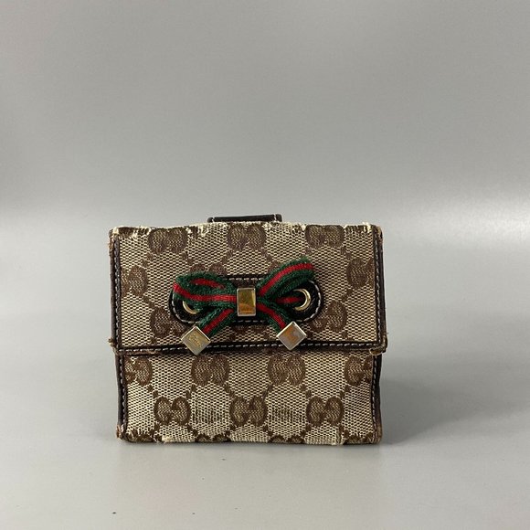 Gucci Beige/Brown GG Canvas Mayfair Bow Flap Compact Wallet - Picture 1 of 13